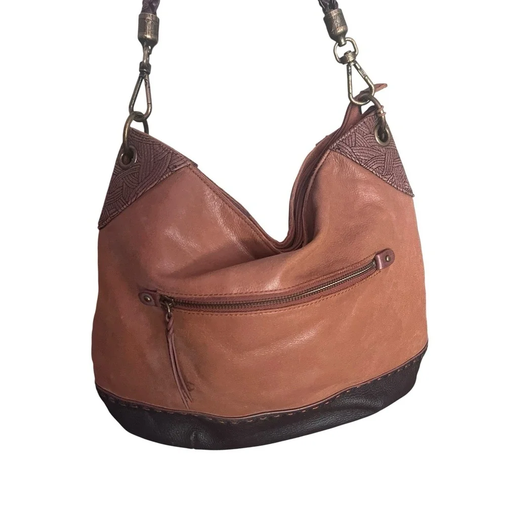 The Sak Indio Two Tone Brown Leather Hobo Bag Purse Braided Strap
